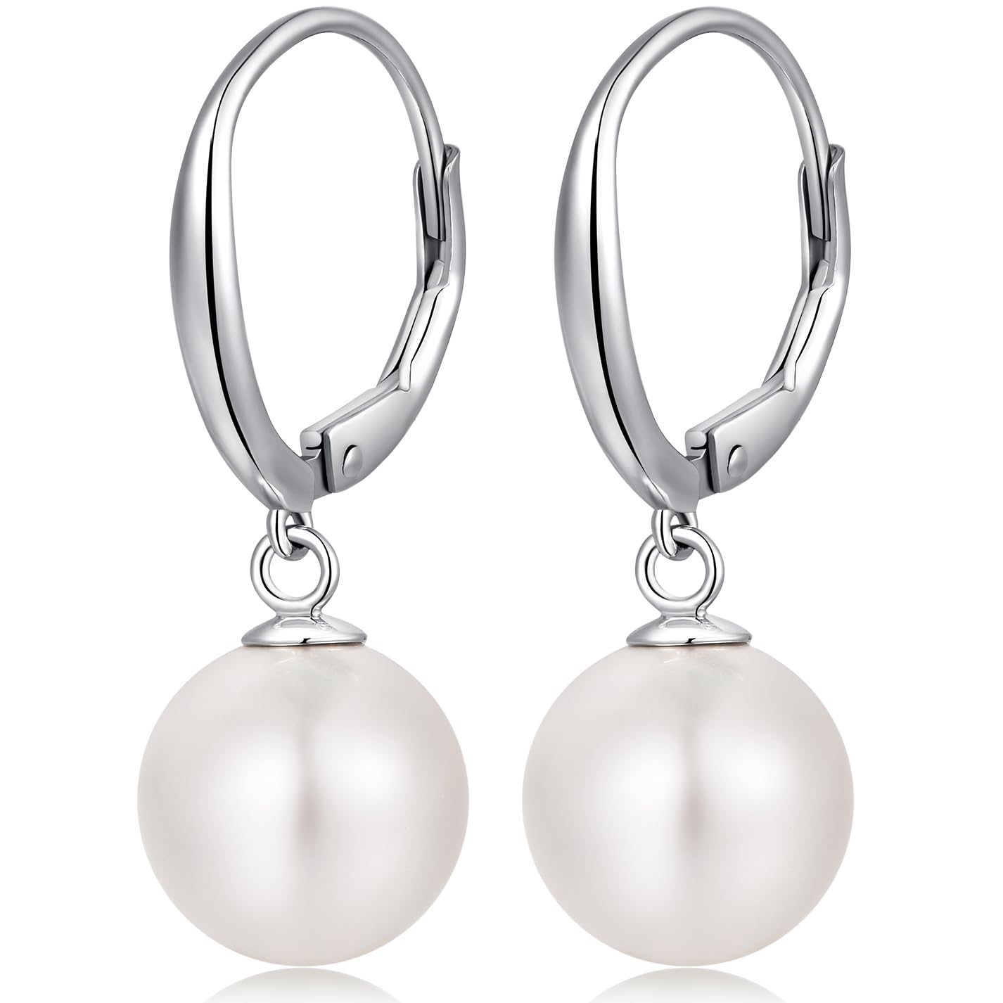 Pearl Earrings Sterling Silver Pearl Drop Earrings Dangly Pearls Earring For Women Lever Back,White Gold,Cubic Zirconia,Hanging — image 1