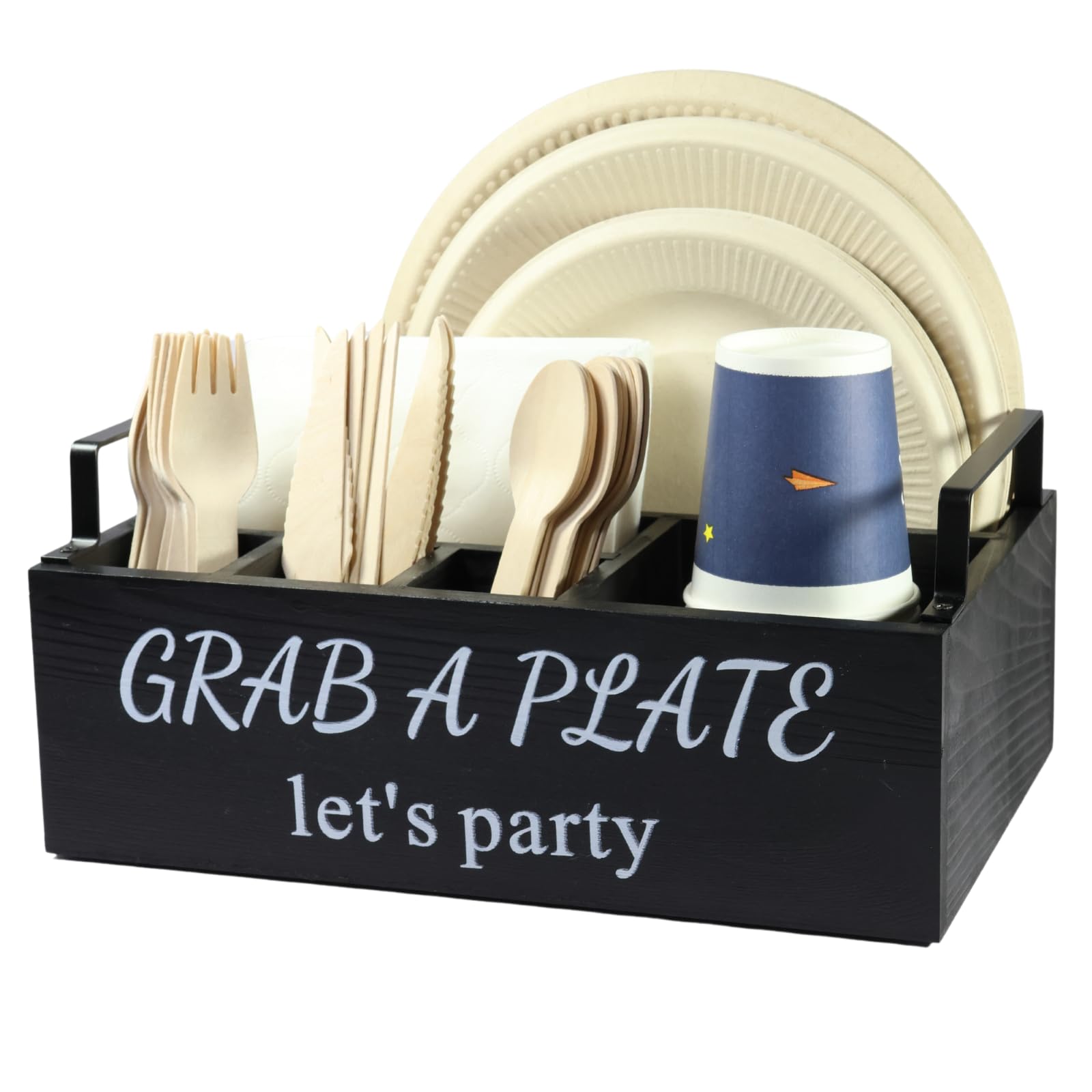 Photo 1 of Paper Plate Holder, Utensil Caddy Organizer, Wood Paper Plate Dispenser, Silverware Caddy Holder, and Disposable Coffee Bar Accessories Box for Kitchen Counter, Party, Camping, Picnic (6 compartment)