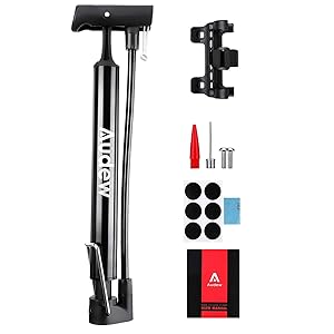 Audew Portable Bike Pump - 12Inches Lightweight Bicycle Air Pump with Folding Handle - 160Psi Presta and Schrader Valve for Mountain Road BMX Bike, Ball, Inflatable Toy Including Puncture Repair Kit
