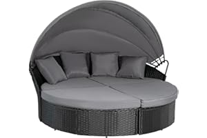 SOLAURA Outdoor Round Daybed,Patio Daybed with Retractable Canopy & Black Wicker, Seating Separates Cushioned Seats with 4 Pillow (Gray)