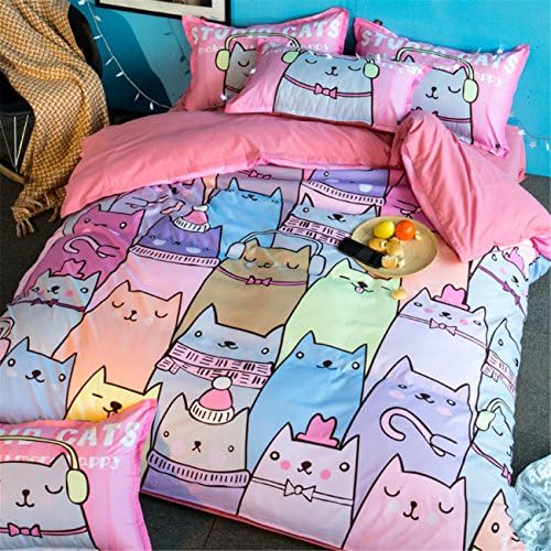 NOOS Children Cartoon Cats Bedding Sets Girl Favorite Cute Cat Bedding 4-Piece 1Duvet Cover,1Flat Sheet,2Pillow Shames Twin Full King Size