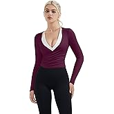 SUUKSESS Women Pilates Wrap Workout Cropped Top Ribbed Long Sleeve V Neck Tie Front Ballet Yoga Shrug Blouse