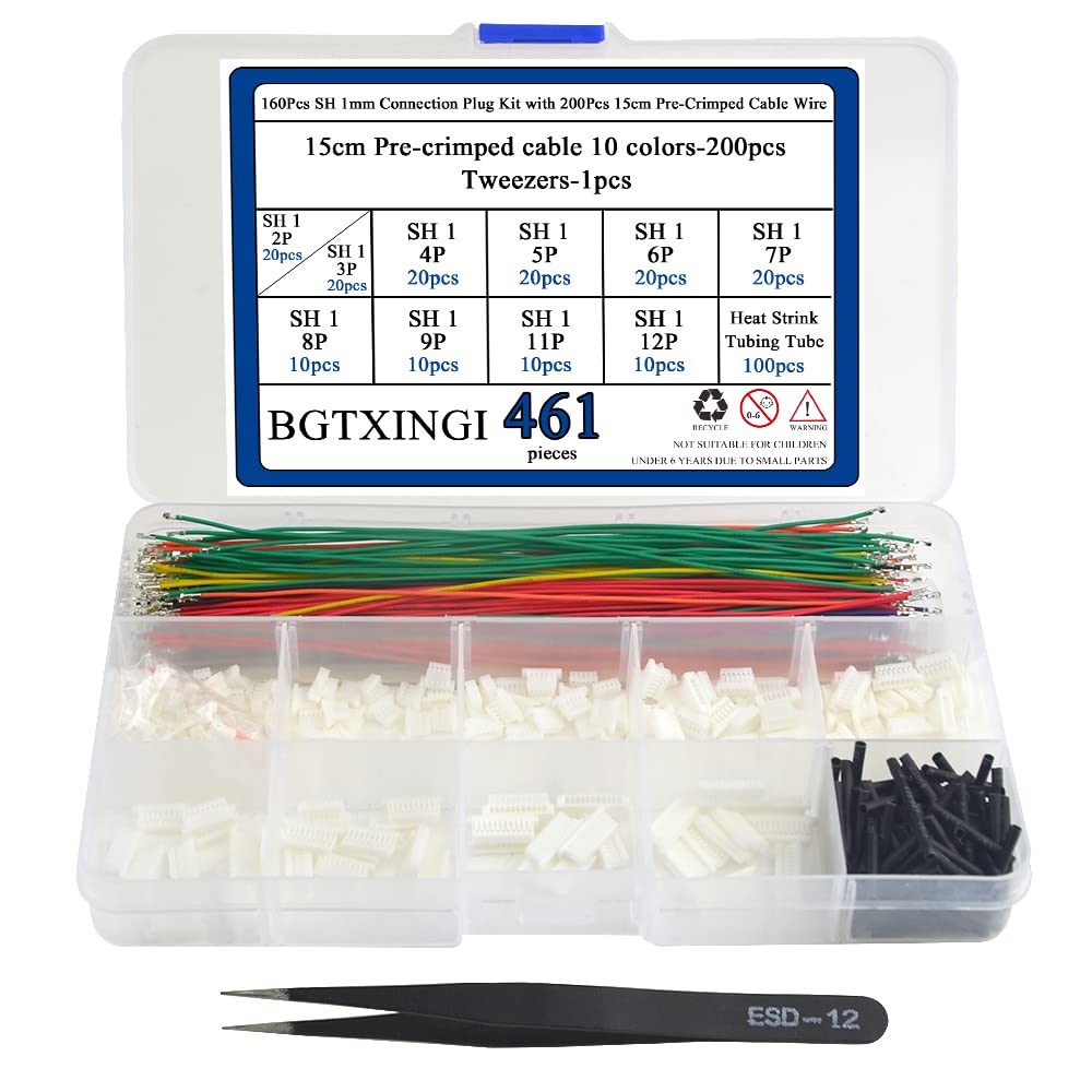 BGTXINGI 160Pcs SH 1mm Connection Plug Kit with 200Pcs 15cm Pre-Crimped Cable Wire 2/3/4/5/6/7/8/9/11/12 PIN House Compatible with JST SH Connector