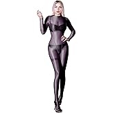 SOFSOT Ultra Sheer Full Bodysuit for Women Long Sleeves Shiny Jumpsuits One-Piece Glossy Catsuit Nylons Full Body Leotard