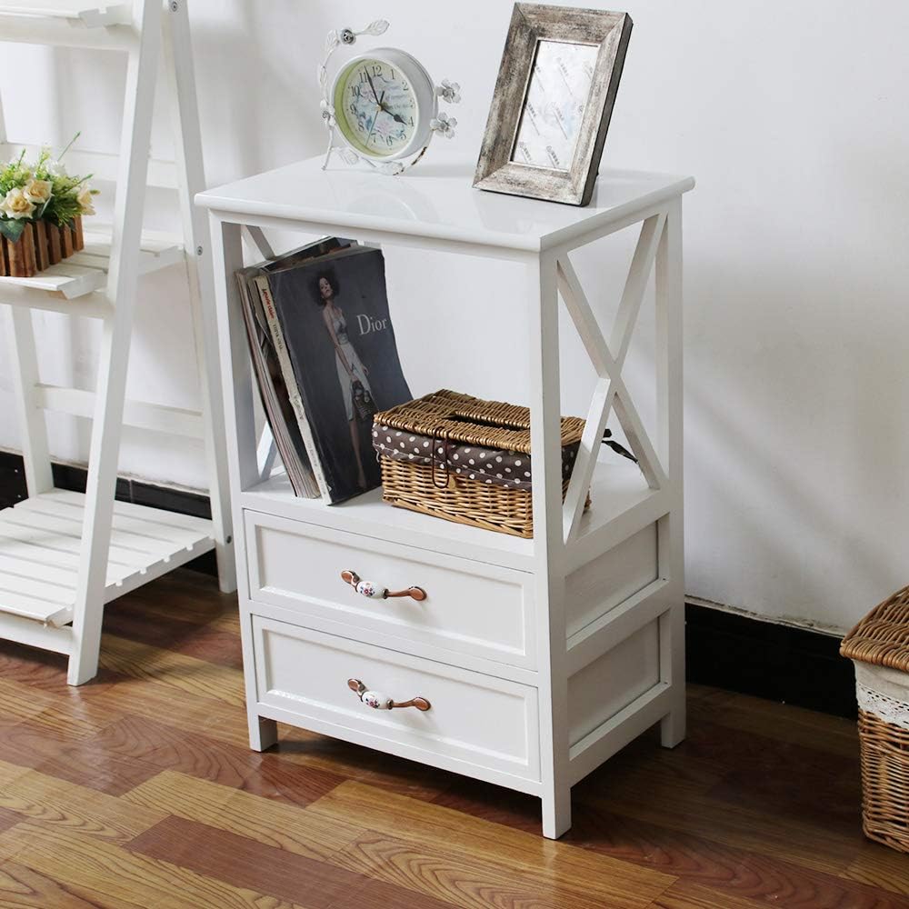 Cabinets Home Kitchen Exqui Bedside Table With Shelf And 2 Drawers White Nightstand For Bedroom Wooden Cabinet Side Table Storage Unit Small Console Table Shabby Chic Furniture For Living Room 47x32x70cm