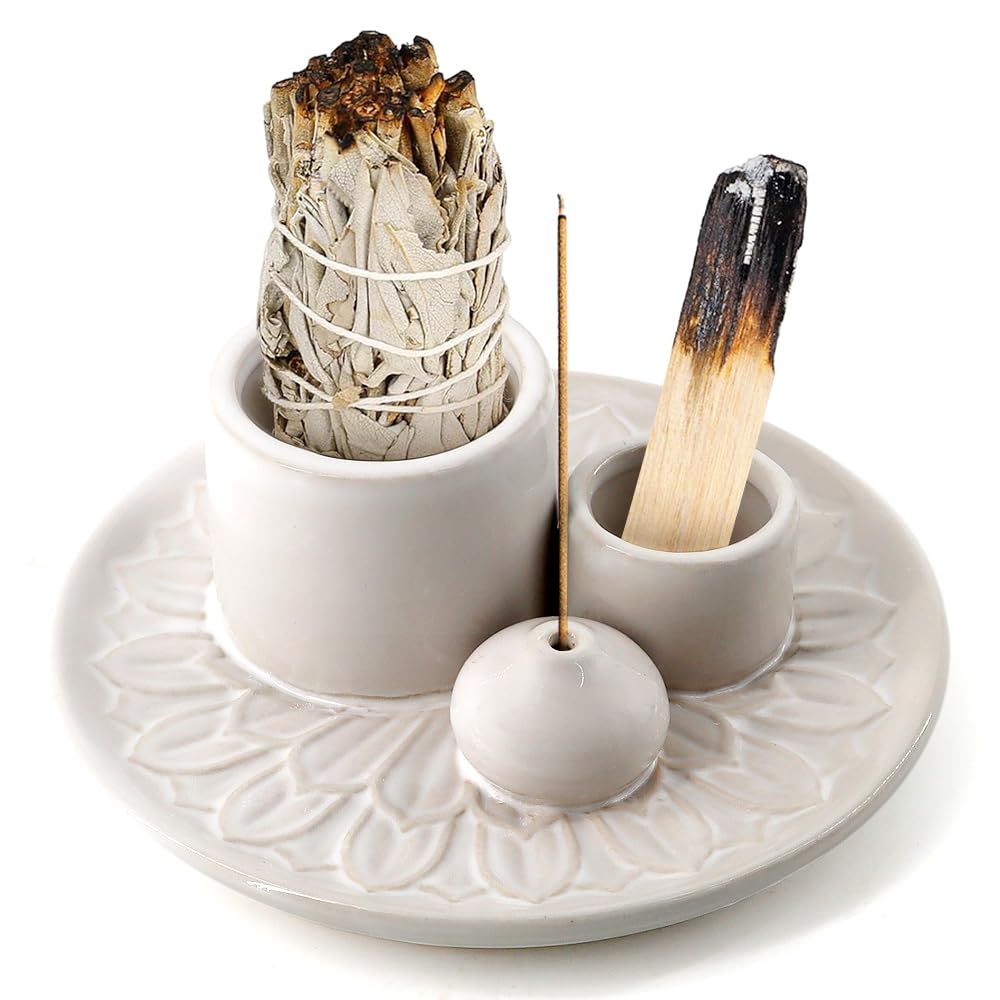 Meltset M Palo Santo Incense Holder, 4 in 1 Ceramic Incense & Candle Holder, Ash Catcher for Sage, Smudge Sticks & Meditation (White)