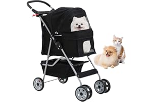DOPINMIN 4 Wheels Dog Stroller, Pet Cat Jogger Stroller, Folding Carrier Waterproof Puppy with Cup Holder & Removable Liner, Dog Strollers for Small Dogs, for Small and Medium Pet Supplies (Black)