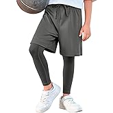 Haloumoning Boys Sports Leggings with Shorts Kids 2 in 1 Running Workout Athletic Legging Pants 5-14 Years