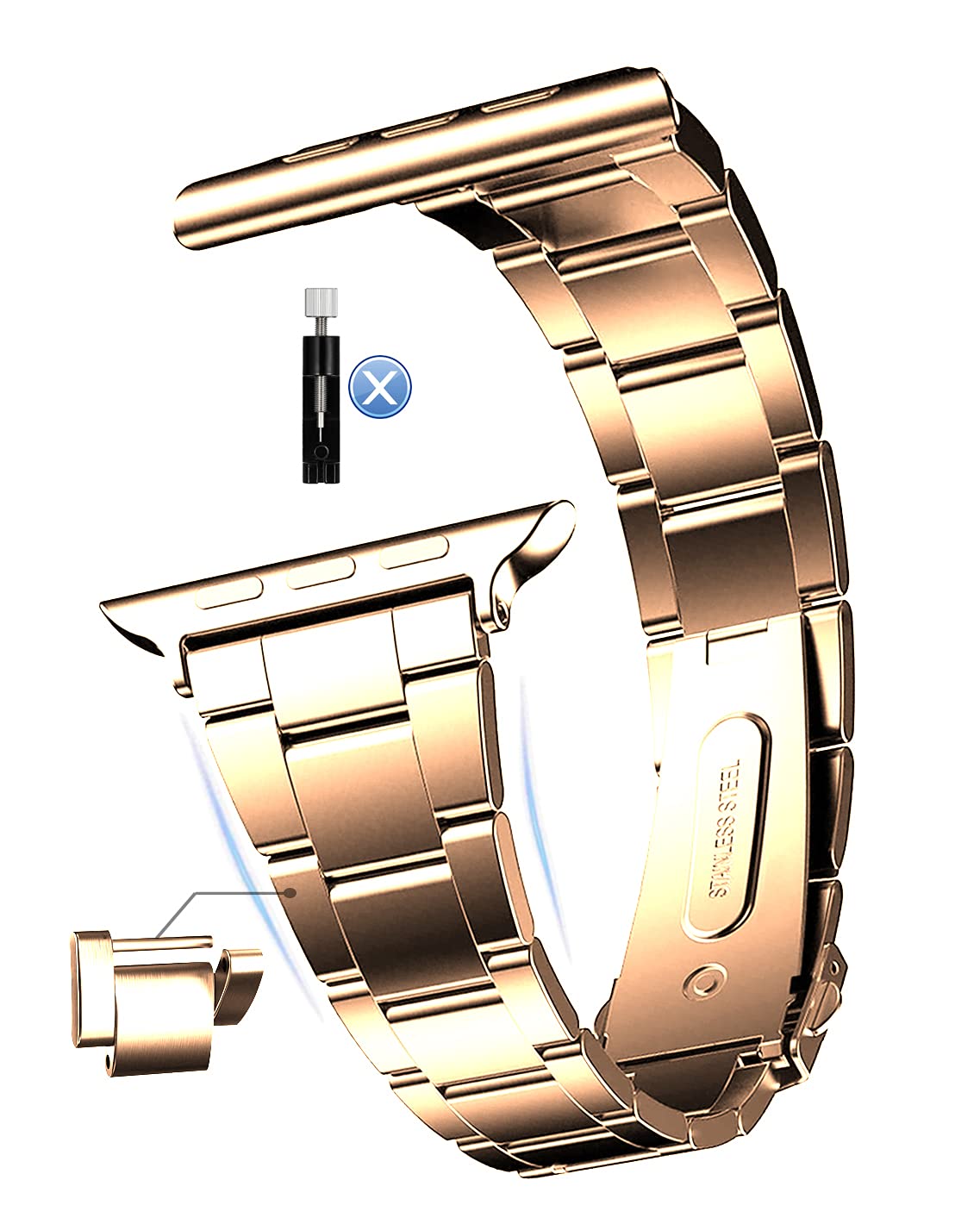 MaKTech Stainless Steel Watch Band,Self-dismantling (No Tool Needed),Three-Piece Metal Link Bracelet Strap,Compatible with Apple Watch Series 11/10/9/8/7,SE 3/2/1 [2025] (42mm/41mm/40mm,Rose Gold)