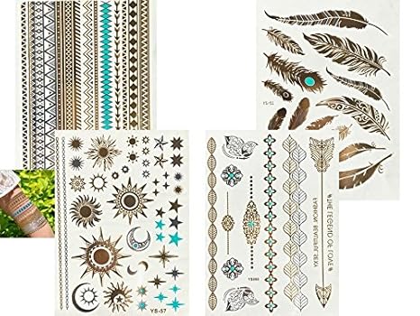 4 Bögen Metallic Flash Tattoo Gold Silber Türkis Fake Tattoos Feder Sonne Stern Henna Armbänder Set Sonne