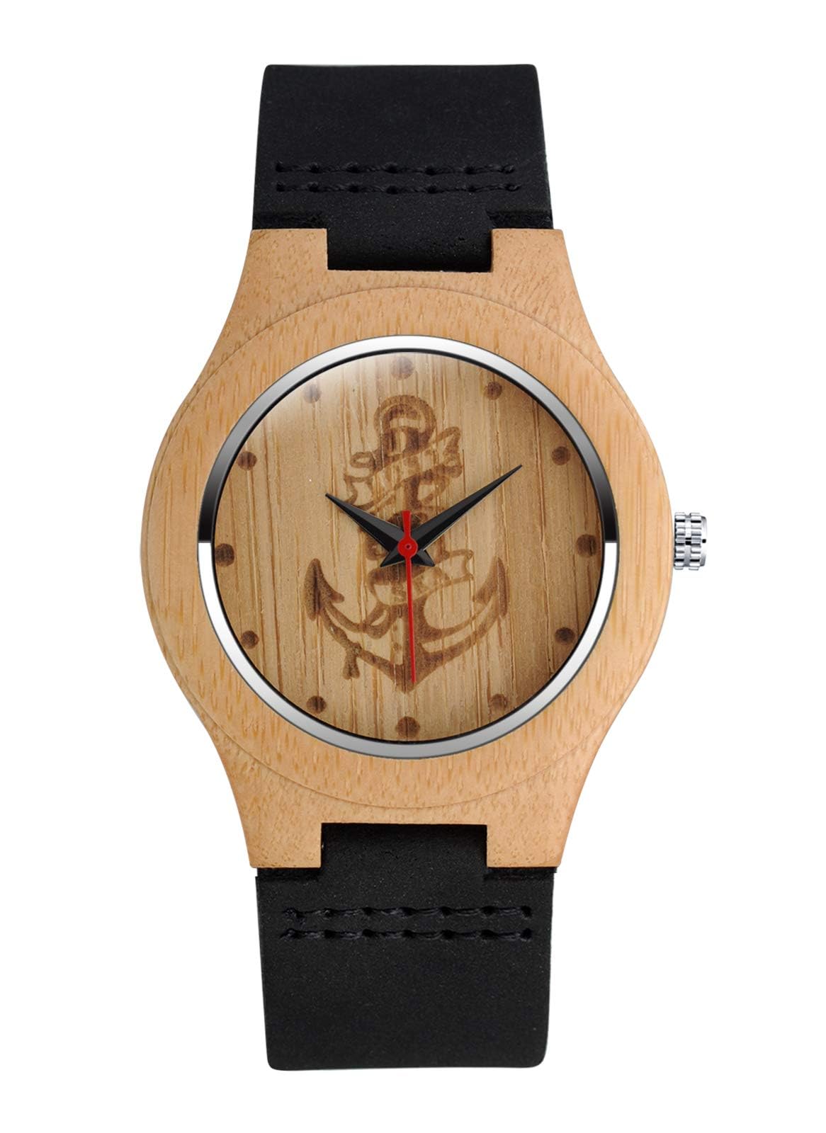 MicLee Men's Wrist Watches, Men's Women's Bamboo Wood Watch, Anchor Skull Wooden Watch, with Leather Band, Natural Wood Quartz Watch, Decorative Casual Watch