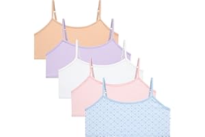 Rene Rofe Girls Training Bras - 5 Pack Soft Stretch Cotton Bra, Cami Style Girls Underwear with Adjustable Straps (7-14)