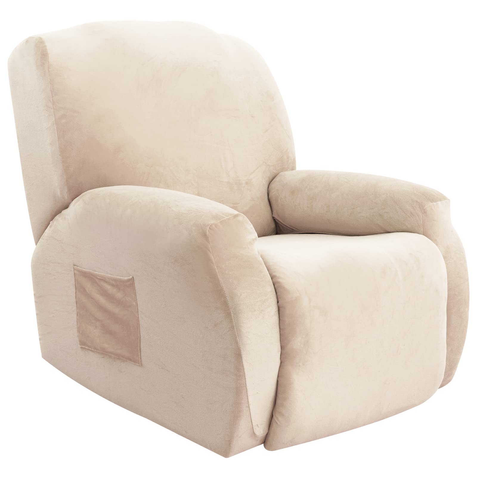 Topchances Velvet Stretch Recliner Cover - Super Soft Single Seat Slipcover with Side Pocket for Furniture Protection (Beige Yellow)