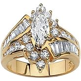 Ganquya Yellow Gold-Plated Brilliant Marquise Shaped and Baguette Simulated Diamond Cubic Zirconia Bypass Engagement Wedding Band Ring (US Size 7)