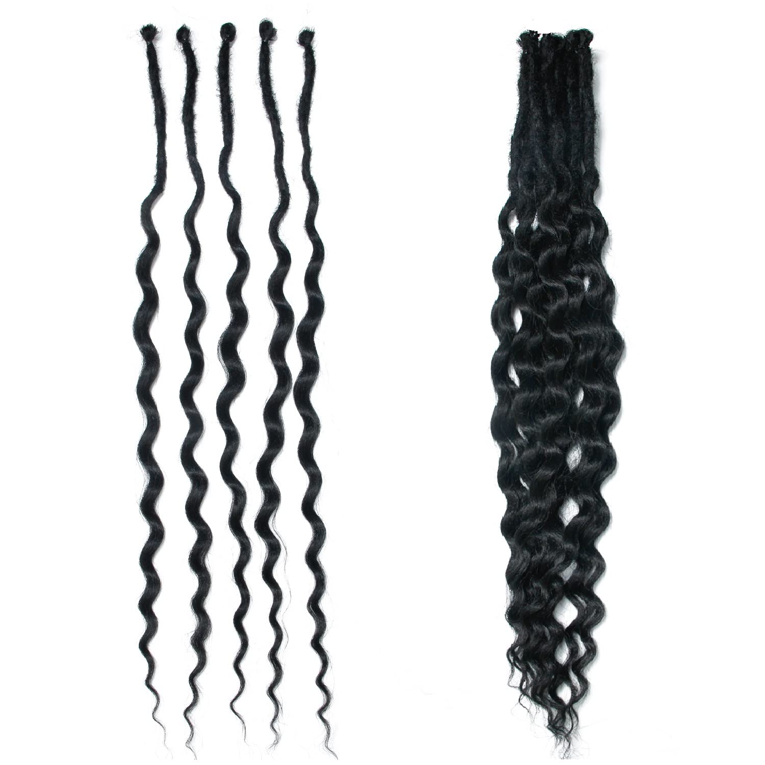 20 Inch Synthetic Dreadlock Extensions with Curly Ends Thin 0.6cm Single Ended Wavy Dreads Soft Pre Looped Dreadlocks, 15 Strands/Pack
