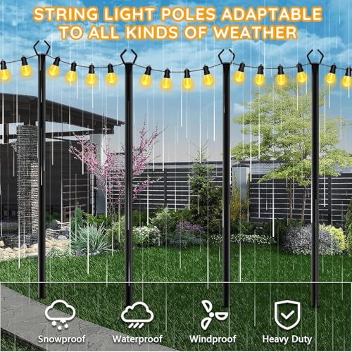 AHRLHR 6 Pack String Light Poles, Outdoor String Light Pole 10 ft Forked Metal Light Pole with Adjustable Outdoor Light Stand, Deck, Backyard, Garden, Wedding, Rustproof and Sturdy with Hooks.