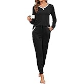 Becotal Soft Womens Pajama Sets Lace Lounge Sets V-neck 2 Piece Long Sleeve Top with Jogger Pants Loungewear Set with Pockets