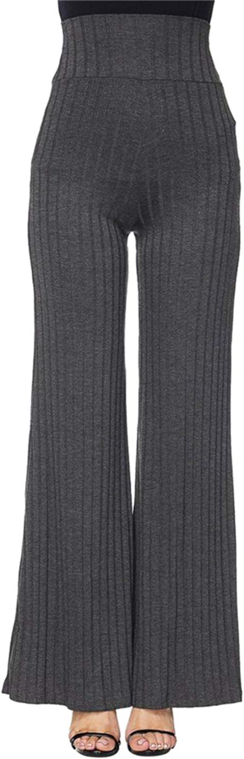 COCOLEGGINGS Womens Ribbed Knit High Waisted Flare Dress Pants Grey S