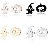 WCRAZYE 4 Pairs Pumpkin Ghost Stud Earrings for Women Stainless Steel Halloween Minimalist Asymmetric Small Skull Pumpkin Cartilage Earring Studs Hypoallergenic Cute Jewelry Halloween Gifts