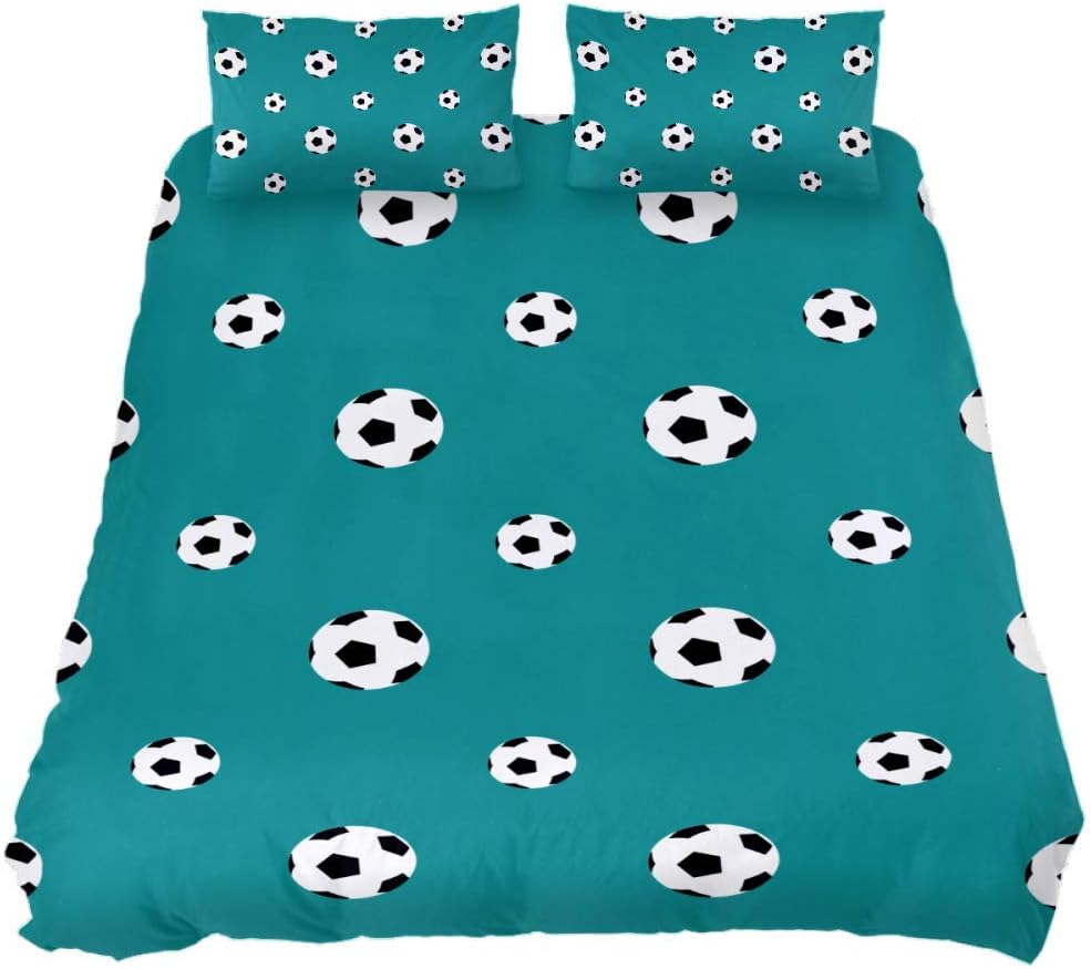 TIZORAX Soccer Balls Bed Sheet Set - 3 Piece Microfiber Comforter Set Quilt Cover and 2 Pillow Shams for Men Women