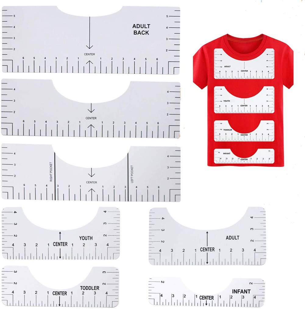 T Shirt Ruler, 7 Pack (3pcs 16 inches + 4pcs 10 inches) T-Shirt Rule Guide Alignment Tools Set for HTV Vinyl and Heat Press Craft Placement, Children Youth Adult, Shirts Design Helper (White)