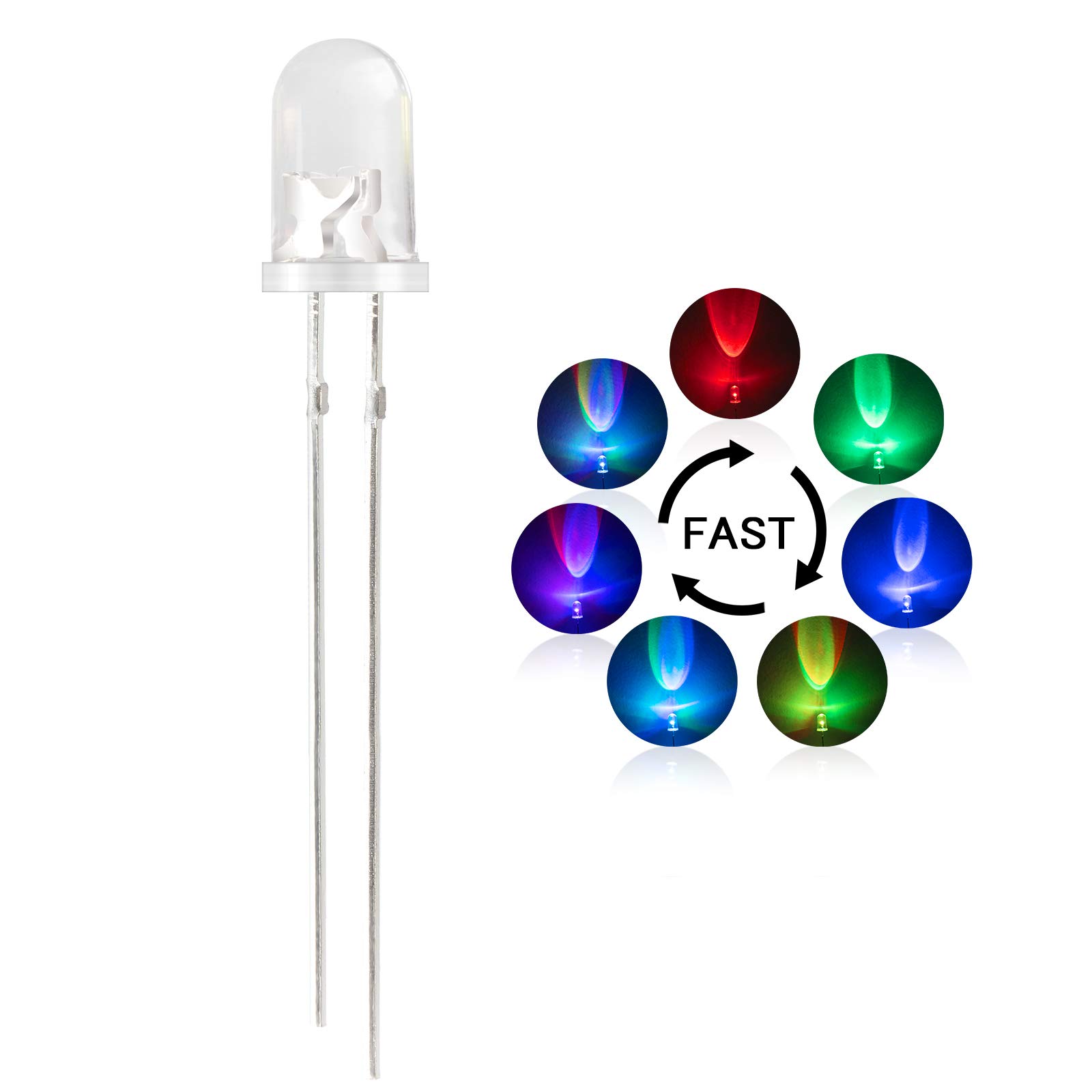 DiCUNO 100pcs 5mm Light Emitting Diodes, RGB Fast Flashing LED (Colors Changed Automatically), Diffused Clear Round Lens, Multicolors 5mm RGB Assorted LEDs 3.0-3.4V 20mA