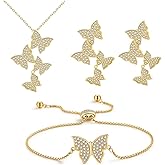 MAARRING Butterfly Earring Necklace Bracelet Set - 14K Gold Plated Dainty Butterfly Jewelry Set with Cubic Zirconia, Birthday Bar Mitzvah Gifts for Women | Color: Gold/White Gold/Rose Gold