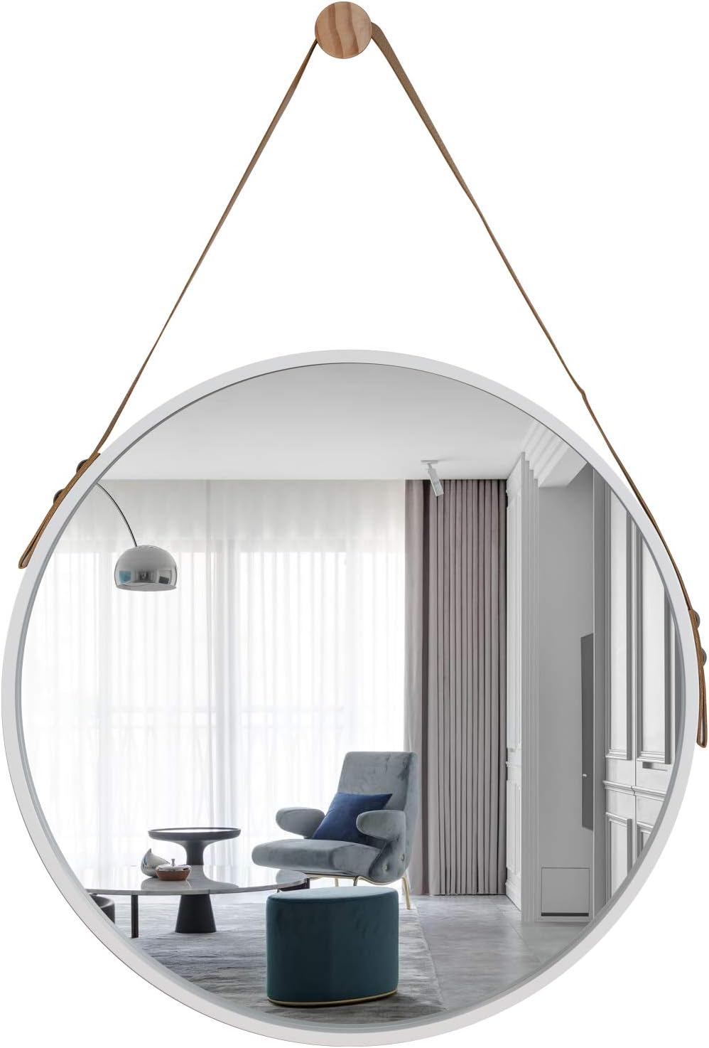 Trvone Round Mirror 32" Large Wall Mirror 1.2" Depth Circle Mirror, MDF Oak Veneer Frame, Withe with Strap