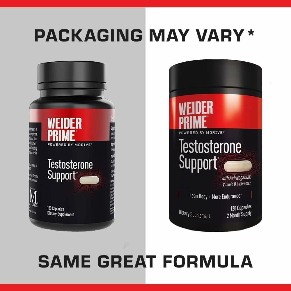 Weider Prime Testosterone Support - Men's Nutrition - Enriched with Vitamins & Minerals - with Ashwagandha, Chromax Chromium, Bioperine & Zinc - Gluten Free - 120 Capsules