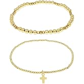 Tyebiva Gold Beaded Stack Bracelets Set for Women, 2Pcs Trendy Boho Handmade Cross Charm Cube Beads Stackable Stretch Accessories Jewelry Gift.