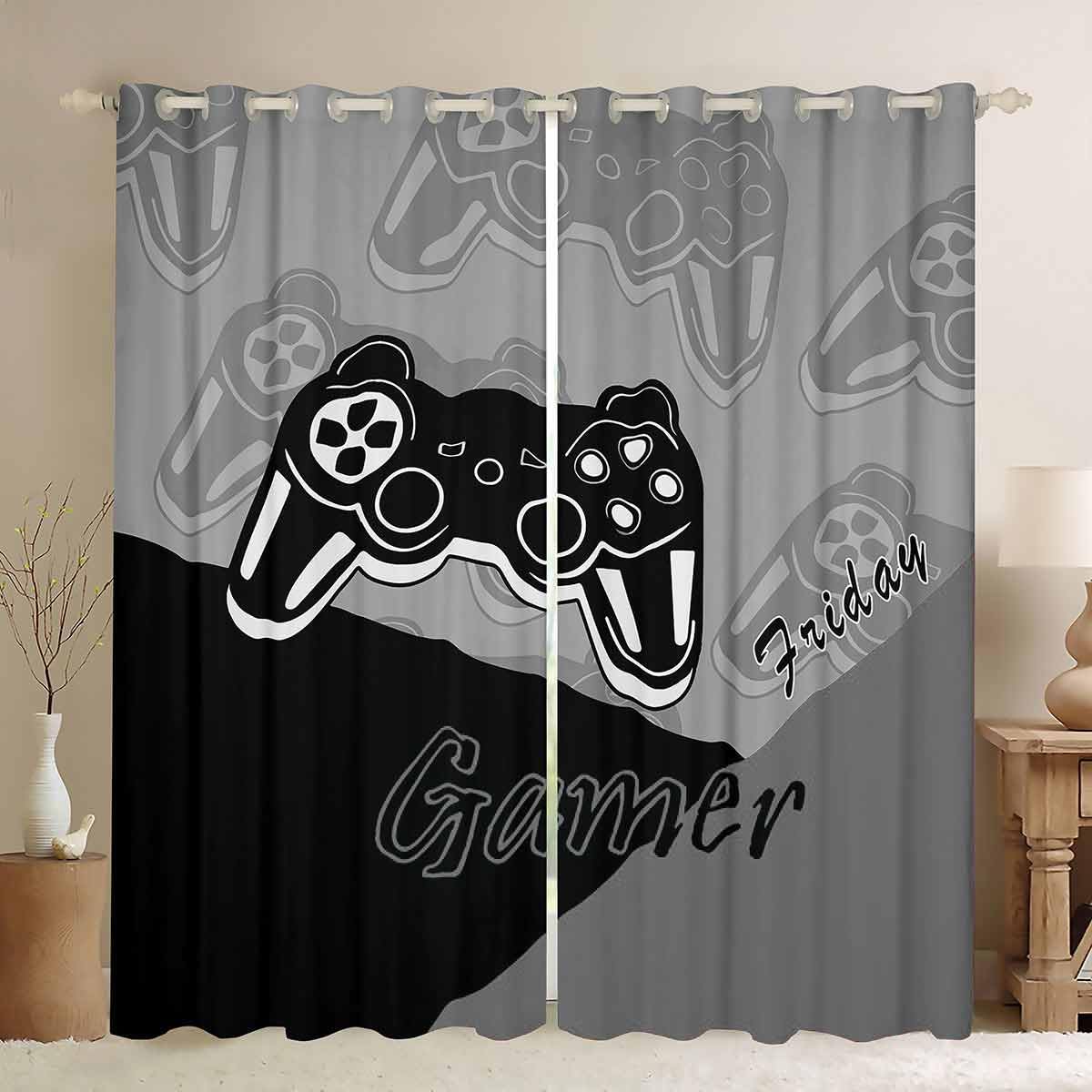 Gamer Curtains for Bedroom Gaming Thermal Insulated Drapes for Teens Boys Video Game Decor Curtain Game Controller Window Treatment Black Grey W46*L72