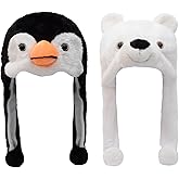 YC JILAI 2 Pack Animal Hat Penguin and White Pola Bear Plush Fun Animal Hats One Size Cap Polyester With Fleece Lining