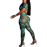 LXUAMR Jumpsuits for Women Sexy See Through Print Halter Jumpsuit Short Sleeve Bodycon Jumpsuit Going Out Outfits