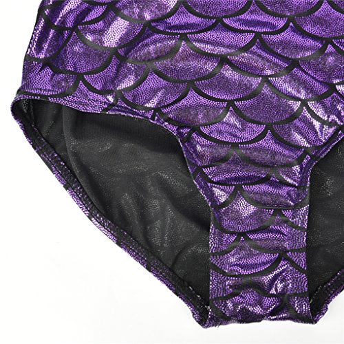 Girls Long Sleeve Fish Scale Back Cross Strap Metallic Athletic Dance Gymnastics Leotard Bodysuit Outfit Pink & Purple Size 10