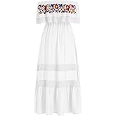 OBEEII Mexican Embroidered Dress for Women Traditional Off Shoulder Floral Embroidery Lace Cinco de Mayo Fiesta Maxi Dress