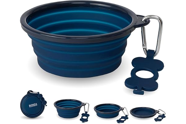 Bonza Collapsible Dog Bowl, Sturdy Reinforced Rim, Includes Carabiner & Water Bottle Holder Keychain, Navy Blue, Small