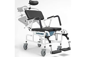 Vive Reclining Shower Chair with Wheels - Commode Wheelchair for Seniors, Disabled, Bariatric & Handicap - Padded Transfer Rolling Chairs with Arms - Portable & Waterproof - Extra Wide Seat