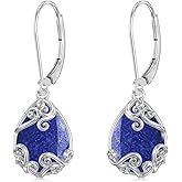 KoyeKei Filigree/Hibiscus/Plumeria Flower Leverback Earrings Moonstone/Lapis Lazuli/Turquoise/Moss Agate/Black Onyx Jewelry for Women 925 Sterling Silver Dangle Drop Earrings Filigree Gifts for Wife