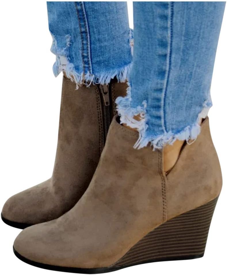 Womens Wedge Ankle Boots Cutout Stacked High Heel Winter Booties Side Zipper Shoes