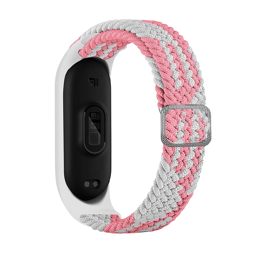 Tiggo Smart Watch Strap compatible for Xiaomi Mi Band 6,Nylon Sport Braided stretch Solo Loop Watch Belt,Replacement Bracelet Wristband Wrist Strap for Xiaomi Mi Band 3 4 5 6 Watch (rosa blanco)
