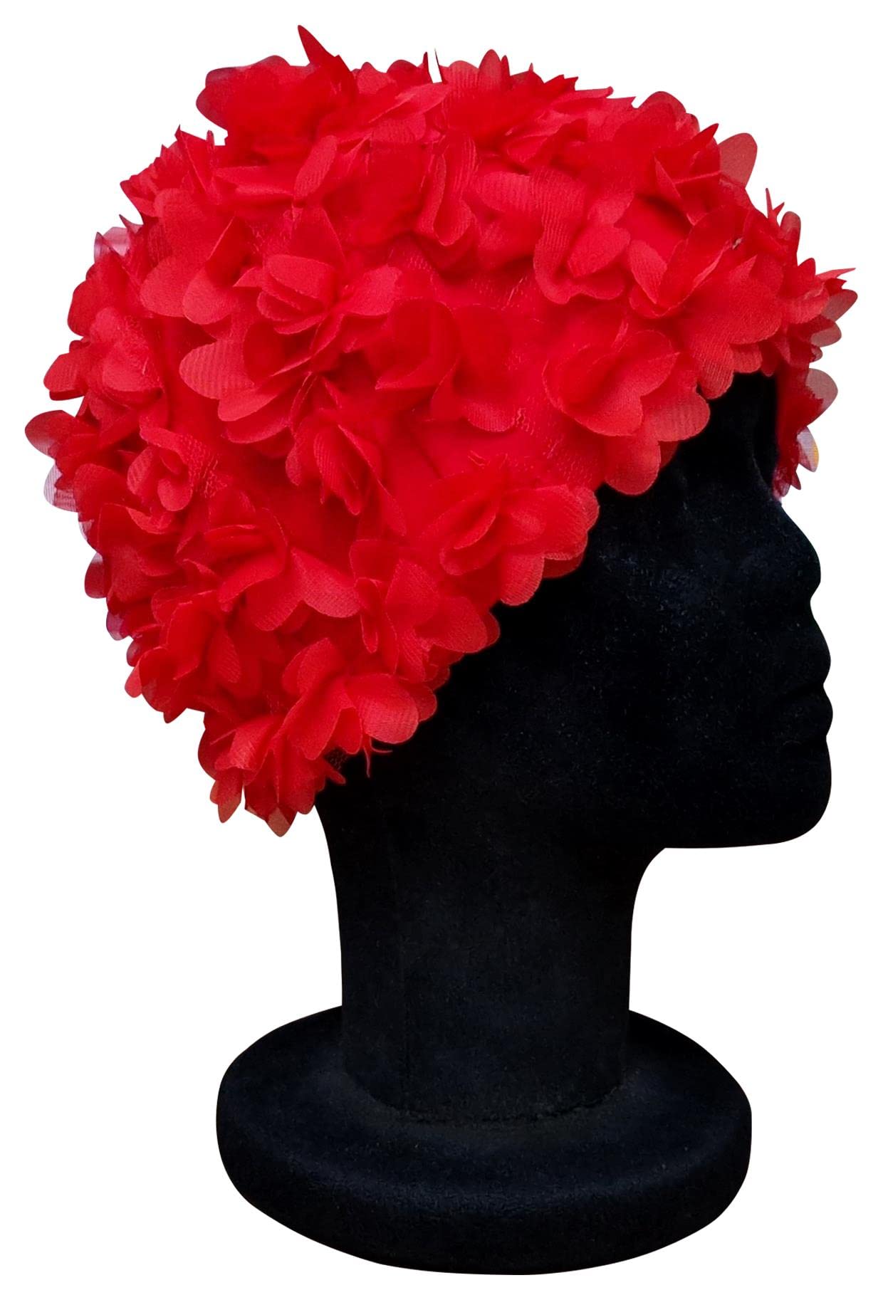 CHEX Ladies Pinks Elasticated Swimming Hat Decorated Solid colour With Matching Frilly Floral Petals In A Swim Cap One Size Adults Soft And Easy To Pull On (Red)