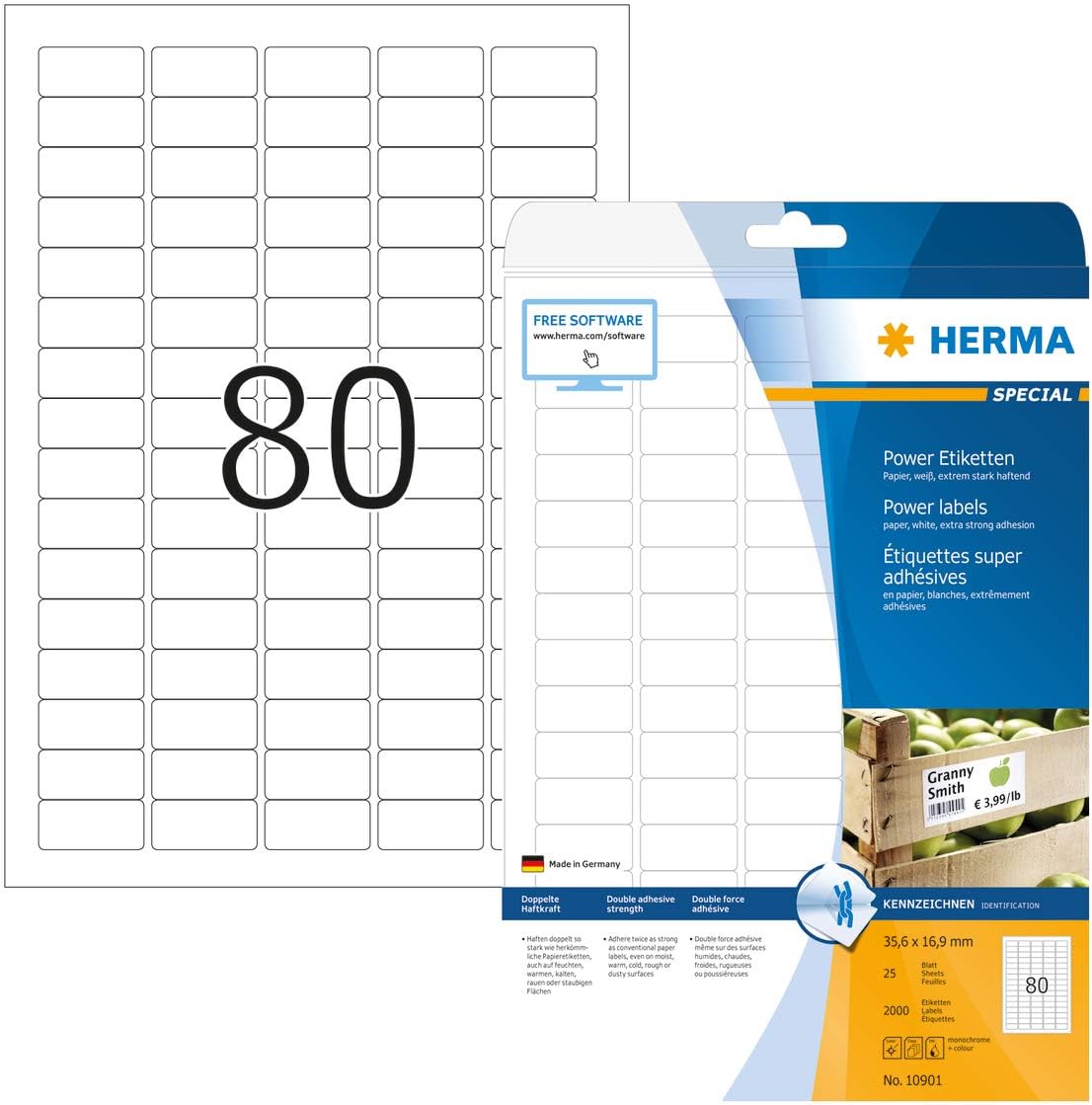 HERMA Extra Strong Adhesive Labels, 80 Labels per A4 Sheet, 25 Sheets, 35.6 x 16.9 mm, 2000 Labels
