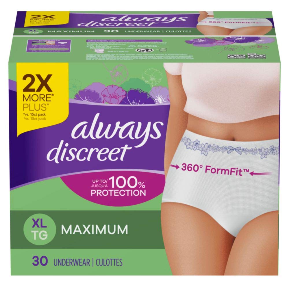 Always Discreet for Sensitive Skin Postpartum Incontinence Underwear, Size XL, Maximum Absorbency, 30 Count