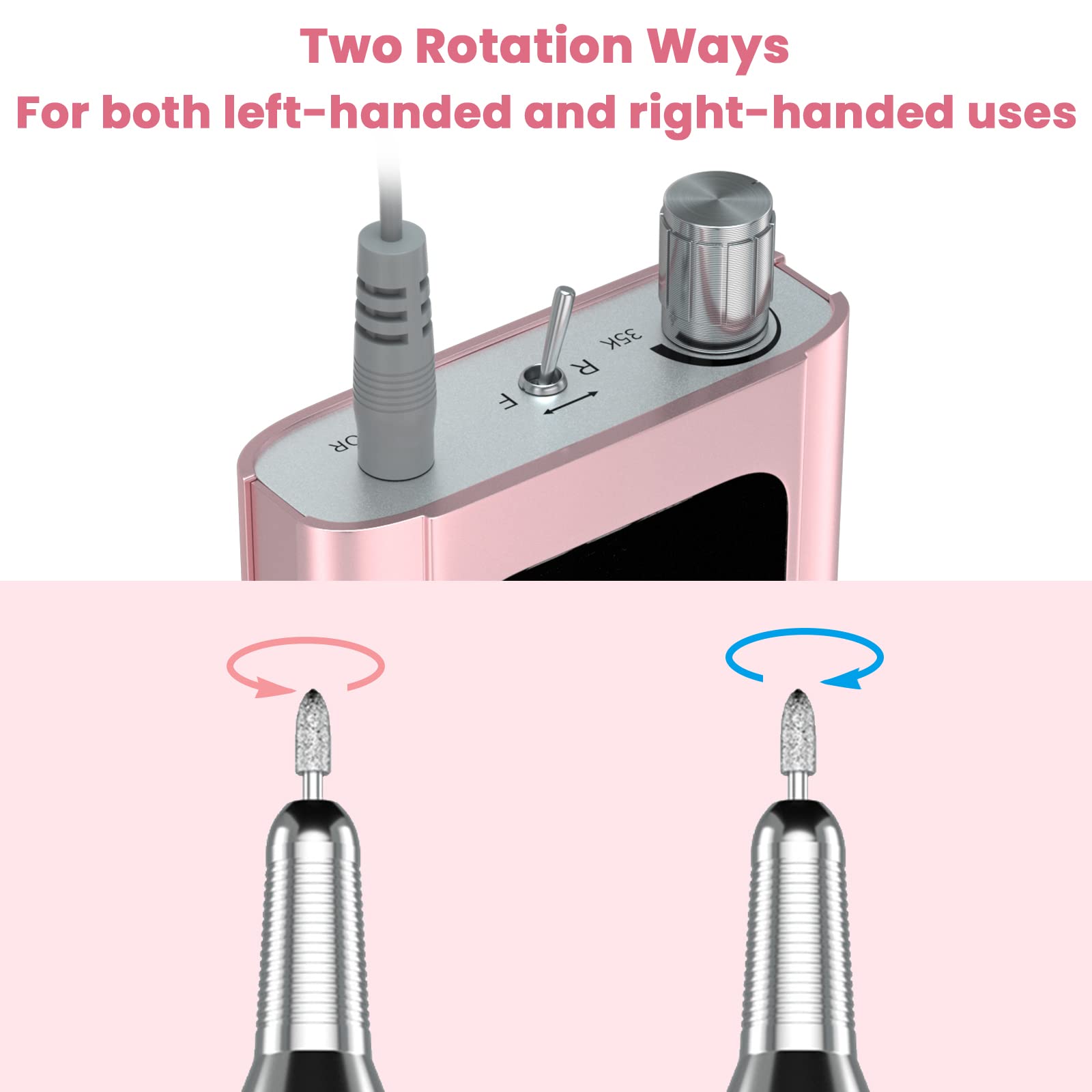 Delanie Professional Nail Drill High Torque 35000 RPM Rechargeable Portable Electric Nail File Filer for Acrylic Gel with Cuticle Bits, Salon Manicure Tool, Rose Gold - Image 6