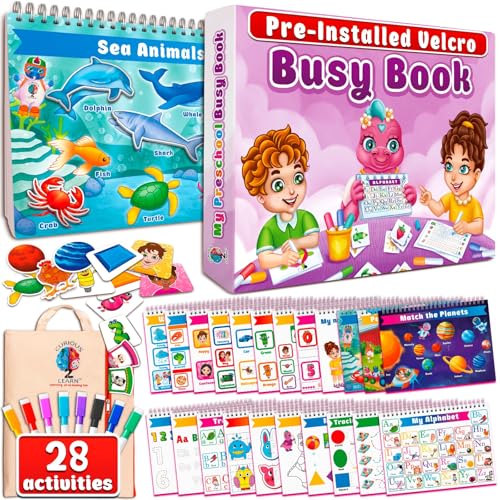 Curious 2 Learn Montessori Busy Book for Toddlers Ages 3-5 – Preassembled Preschool Learning Binder with Travel Bag & 8 Markers – Montessori Educational Toy for Kids