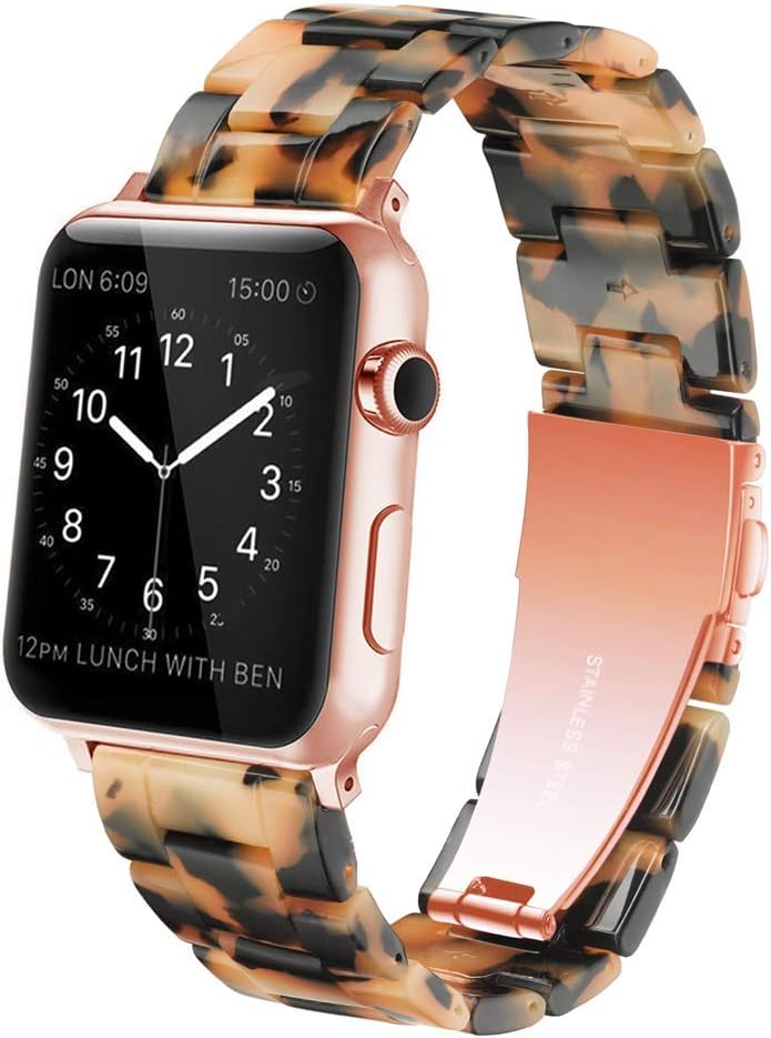 YGTIECS Resin Apple Watch Band Compatible with Apple Watch 38mm/40mm, top Resin Combine with Stainless Steel Connector for iwatch Band Series 6 5 4 3 2 1 for Women and Men-Brown Tortoise
