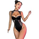 WDIRARA Women's Mesh Cut Out Teddy One Piece Underwire Choker Lingerie Bodysuit