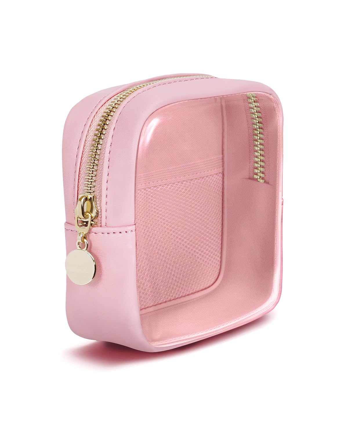 Clear Makeup Bag for Handbag, Mini Make Up Bag for Purse, Small Makeup Pouch for Women, Small Cosmetic Bag with Slip-in Pockets Eco Vegan Leather, Pink (Patent Pending)