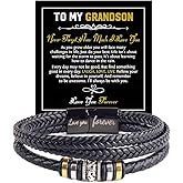 DivaGlamz To My Grandson Bracelet from Grandma Grandpa, Black Braided Leather Beaded Wristband Bracelets Engraved Love You Forever Personalized Inspirational Christmas Birthday Jewelry Gifts