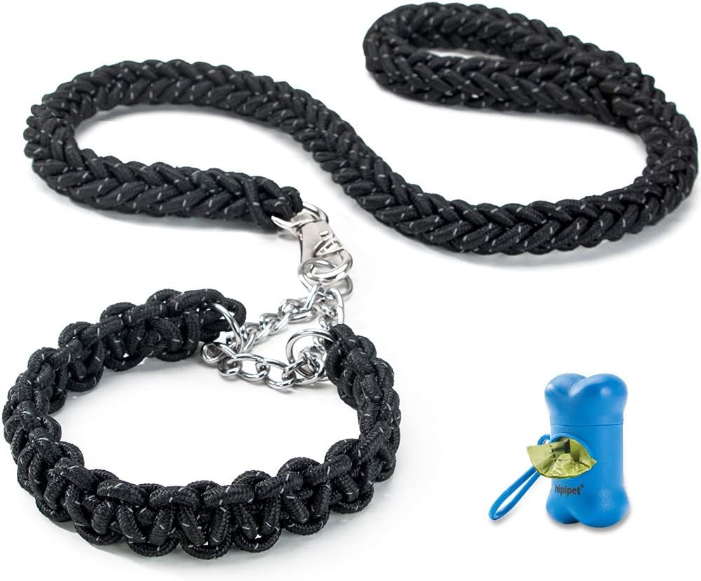 HIPIPET Braided Dog Leash and Collar Set Highly Reflective Explosion-Proof Rope Chain for Large and Medium Dogs (Black, XL)